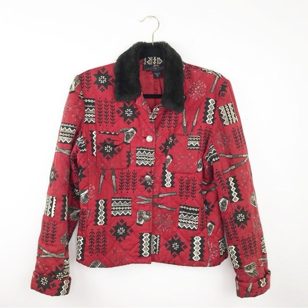 British Khaki Red Ski and Glove Patterned Jacket | Size 6